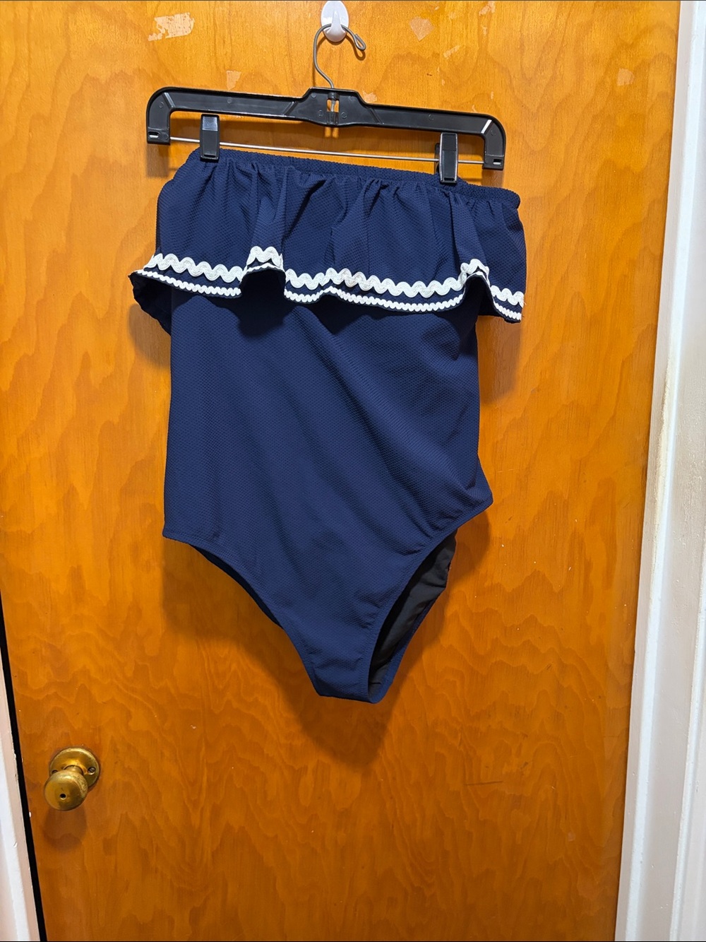 J. Crew Navy Textured Off-Shoulder One-Piece Swimsuit